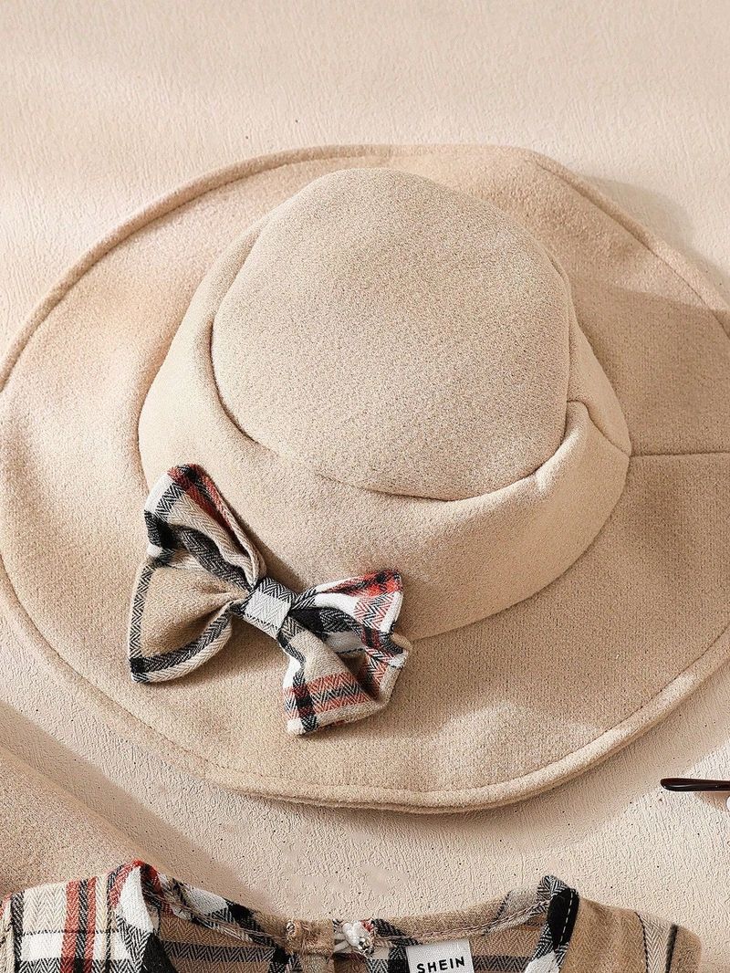 Mantel + karierter A-Linien-Rock + Schleifenhut Herbst- und Winteranzug für Mädchen, dreiteiliges Set_voghion.com