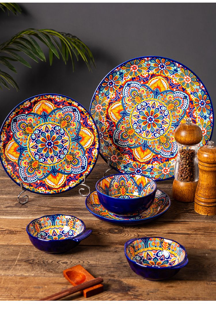 Bohemian Ceramic Dinnerware Set - Underglaze Hand-Painted Bowls & Plates With Handles Vintage Style For Home & Restaurant_voghion.com