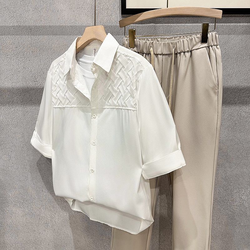 Trendy men, summer standard, youthful, trendy, lazy new Harajuku solid color shirt, fashionable, and versatile with quarter sleeves_voghion.com