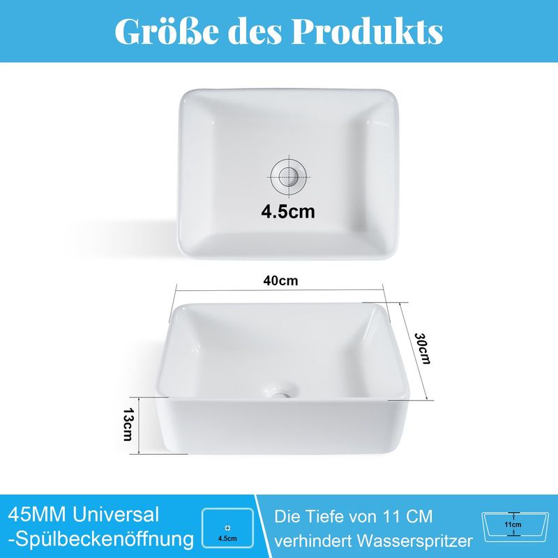 Glitzerlife Waschbecken Badezimmer Keramik - Eckig Aufsatzbecken Bad Weiß Waschschale Klein Aufsatz Hängewaschbecken Mit Lotus-Effekt 40x30x13cm Für Gäste-WC_voghion.com