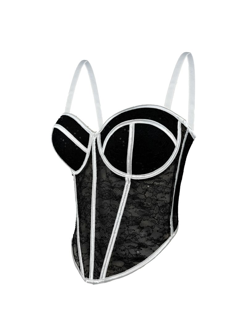 Women's Clothing New Slim Sexy See Through Mesh Vest Suspender Low Cut Contrast Color Waist Slim Breathable Body Shaping Fishbone Bra_voghion.com