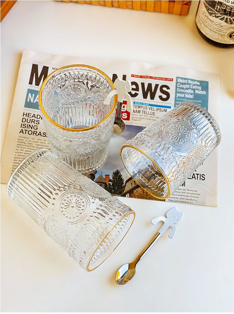 Sunflower Glass Mug With Gold Trim – Hand-Carved Borosilicate Cup For Coffee & Tea, Heat-Resistant & Gift-Ready (350ml, Office/Home Use)_voghion.com