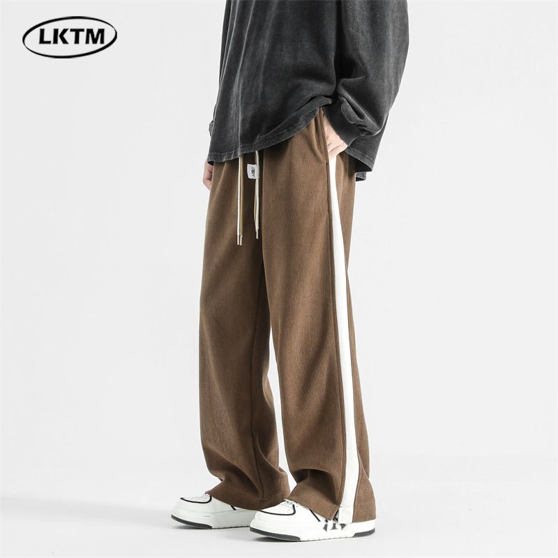 LKTM # Side Striped Corduroy Casual Men's American Loose Trendy Brand Elastic Waist Drawstring Straight Leg Pants 4A9_voghion.com