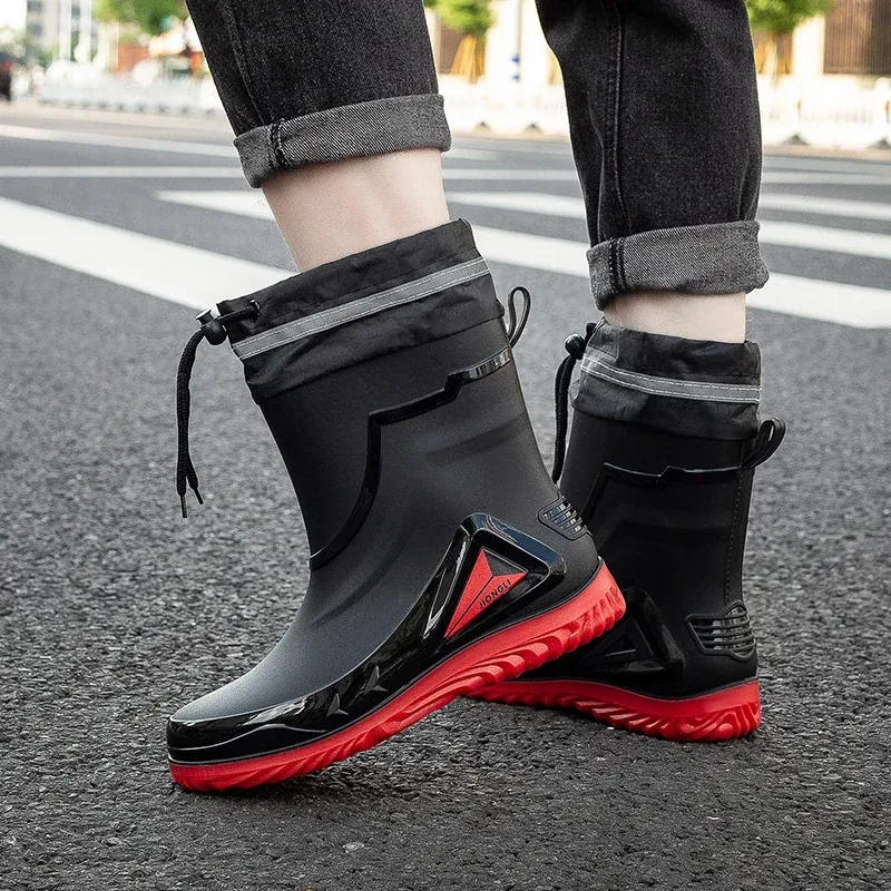 Neue wasserdichte Schuhe, schwarze High Top Knöchel, lässige flache Regenstiefel für Männer, modische Gummistiefel, Größe 39–44_voghion.com