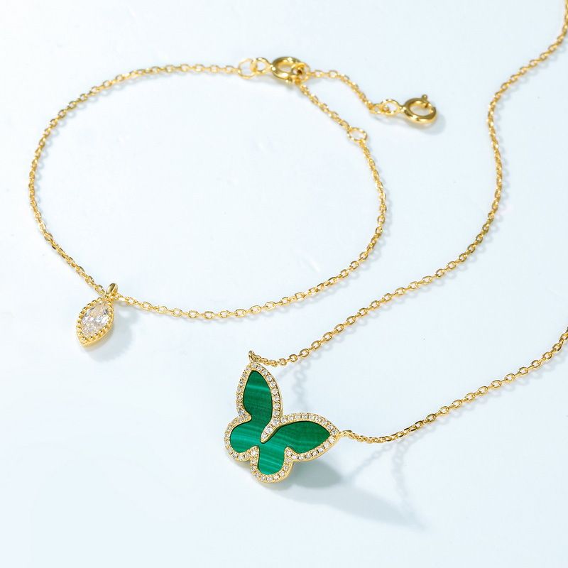 Collana in malachite verde, stile foresta, collana a farfalla in argento sterling S925, bracciale, collana, doppia usura_voghion.com
