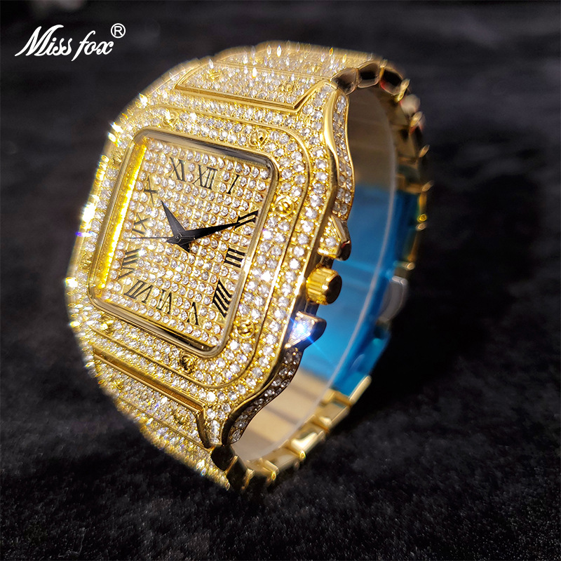 Men's Luxury Square Watch - Gold Roman Numerals, Full Crystal Dial, Swiss Quartz Movement_voghion.com