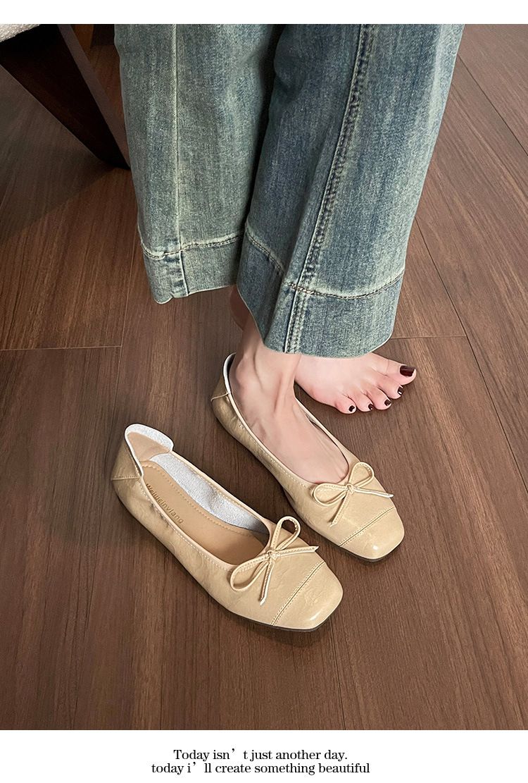 Square Head Bow Ballet Single Shoes Women's Flat-soled Laden Shoes French One-pedal Beanie Shoes_voghion.com