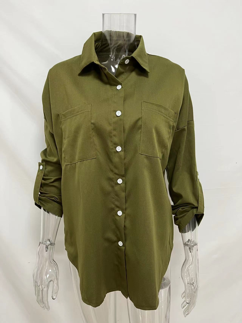 Camicia in denim da donna, camicia da cappotto casual all-match a maniche lunghe con doppia tasca ampia_voghion.com