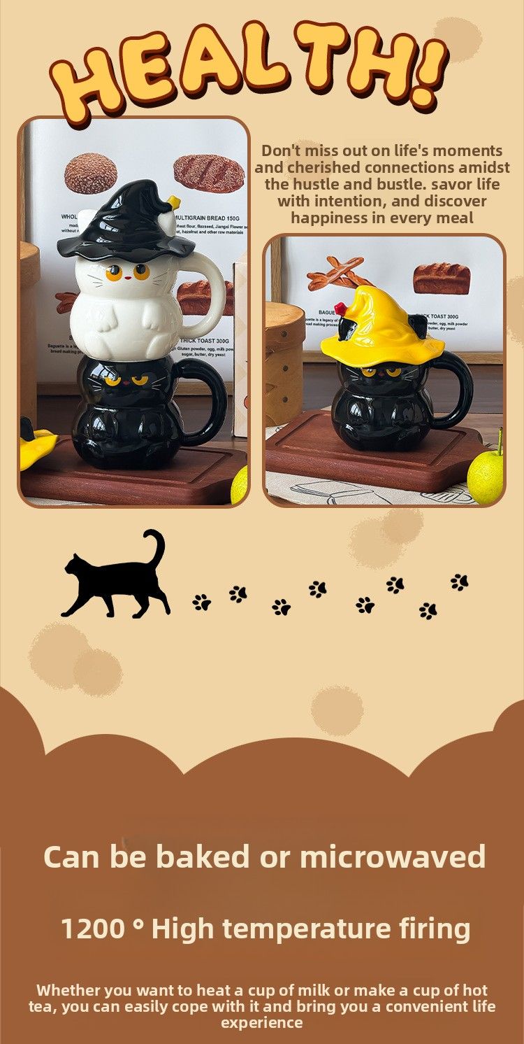 Keramikbecher mit Geisterkatzenmotiv und Deckel – Wasser für Frauen – Neu 2025 – Hochwertiger Becher – Geschenkidee für Zuhause_voghion.com