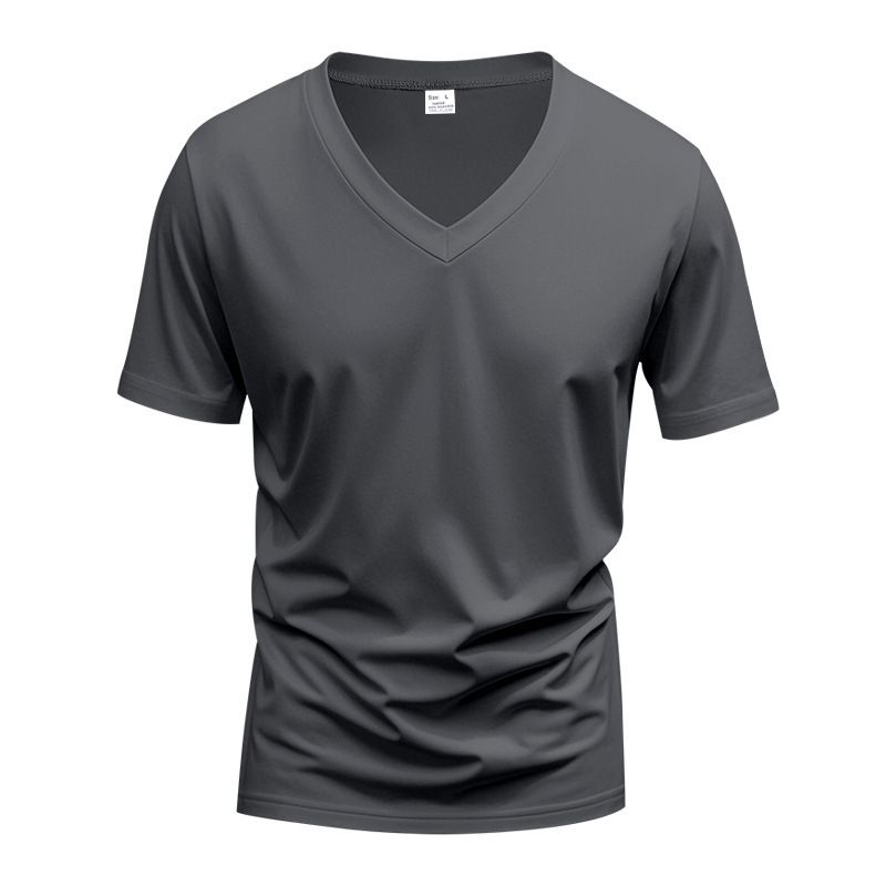 Summer Solid Color V-Neck Tight Fitting Base Shirt Men's White Slim Fit Short Sleeved T-Shirt Round Neck Fashionable_voghion.com