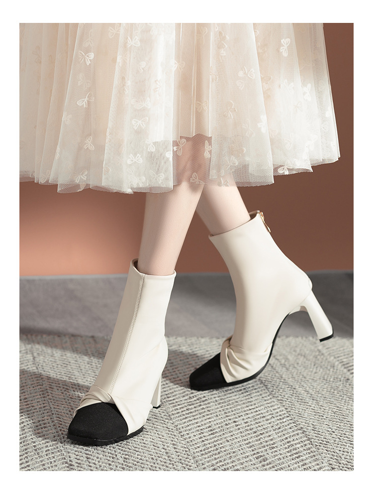 Autumn and winter wrinkled French short boots women's retro matching color square mid-leg high heel boots thick heel skinny boots_voghion.com