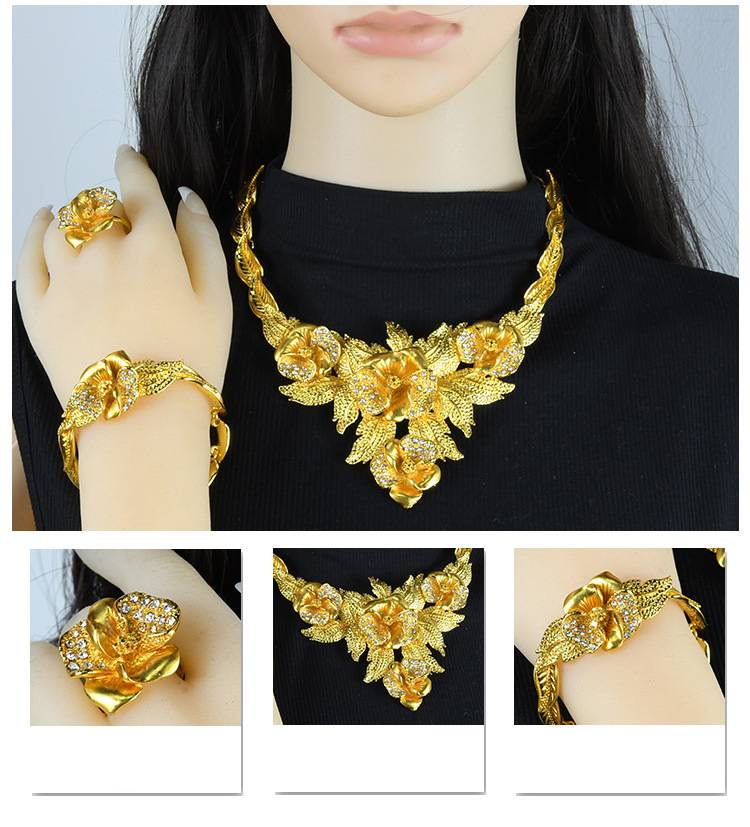 Gold Jewelry Set Dubai African Jewelry Sets for Women Golden Luxury Necklace Earrings Bracelet Ring Set for Lady Wife Mother_voghion.com