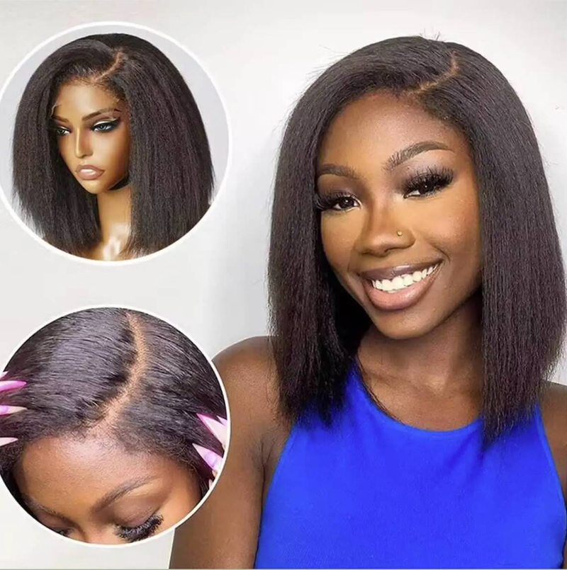 Yaki Bob perruque perruques de cheveux humains pour les femmes noires crépus droite 13x4 dentelle frontale perruque 13x5x2 partie dentelle perruque pré plumée doux Yaki perruque_voghion.com