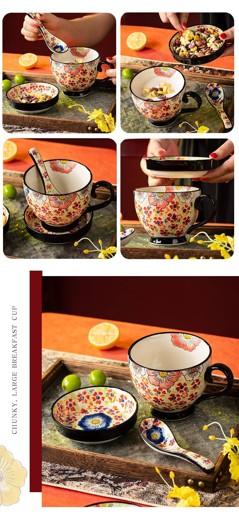 Hand-Painted Ceramic Breakfast Cup Set With Spoon (510ml) - 4 Vintage Floral Designs, Includes Nut Dish & Spoon_voghion.com