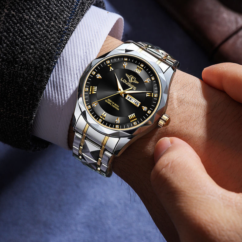 Luxe quartzhorloge voor heren met waterdichte, lichtgevende en kalenderfuncties - roestvrijstalen band, mineraalglas, elegante zakelijke stijl_voghion.com