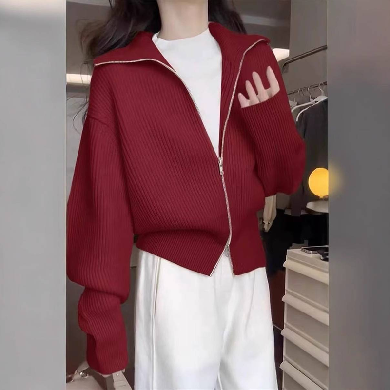 Strickjacke mit Doppelreißverschluss – Oversize-Pullovermantel mit Kragen (entspannte Passform, einfarbig weiß/grau/schwarz/rot, unverzichtbar für den Lagenlook im Büro und am Wochenende)_voghion.com
