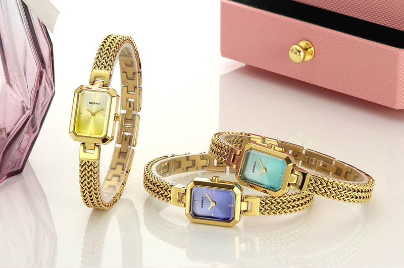 BERNY Small Gold Watches For Women Dainty Luxury Ladies Analog Quartz Bracelet Watch Rectangular Case Stainless Steel Waterproof Minimalist Wristwatch_voghion.com