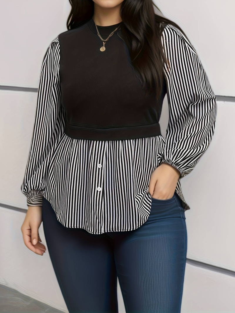 Women's Clothing Plus Size Clothes Patchwork Striped Shirt – Oversized Button-Down Blouse For Women, Loose Fit & Comfortable (0XL-4XL, Black)_voghion.com