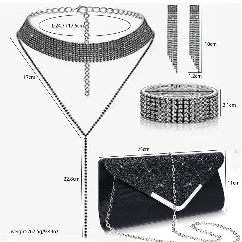 Set di gioielli da donna - Elegante collana con frange geometriche in strass, orecchini, bracciale, pochette, accessori da sera e da festa, 4 pezzi_voghion.com