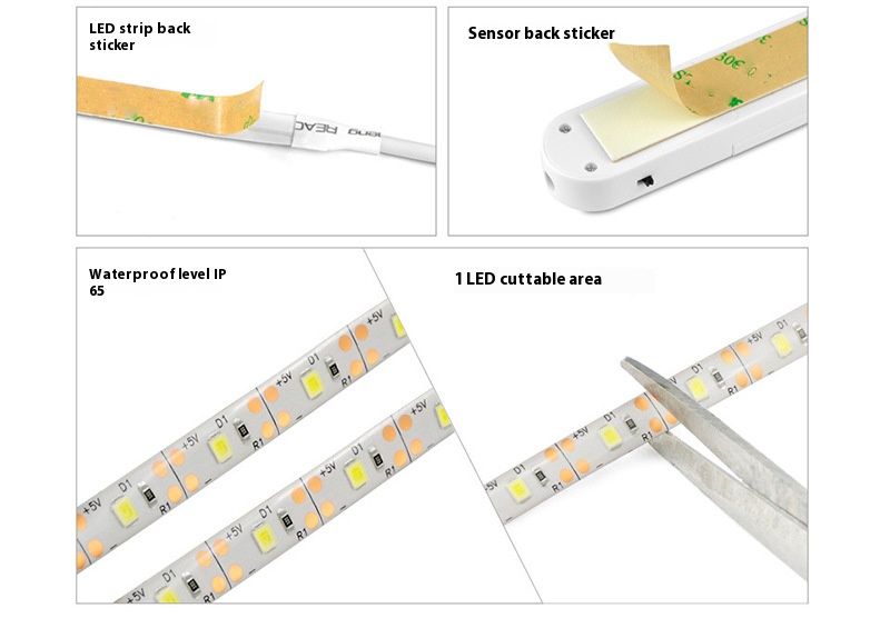 Tira de luces LED con sensor de movimiento, alimentada por USB y batería, 60 LED/m, detección de 120° para armarios, escaleras y gabinetes (longitud personalizada de 0,5 a 5 m)_voghion.com