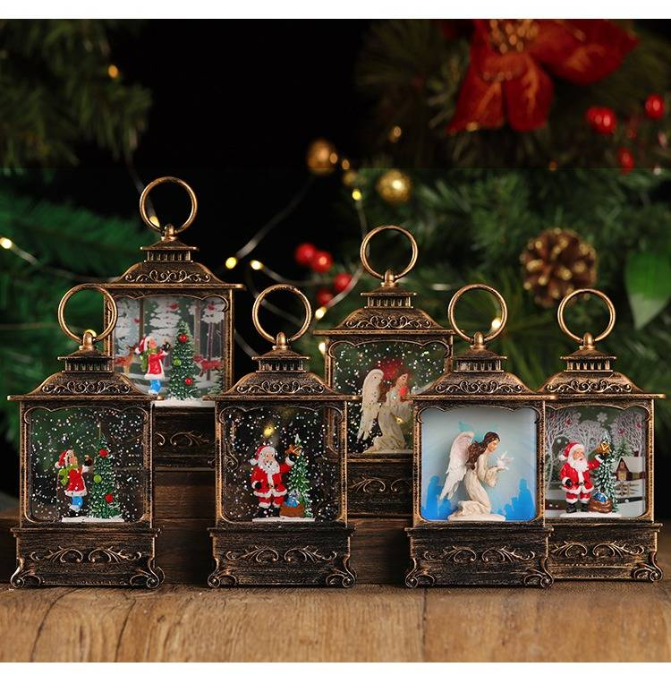 Christmas LED Water-Filled Lantern Decor - Santa, Reindeer, Angel & Kids Figurines - Vintage Bronze Tabletop Decoration For Holiday Tree_voghion.com