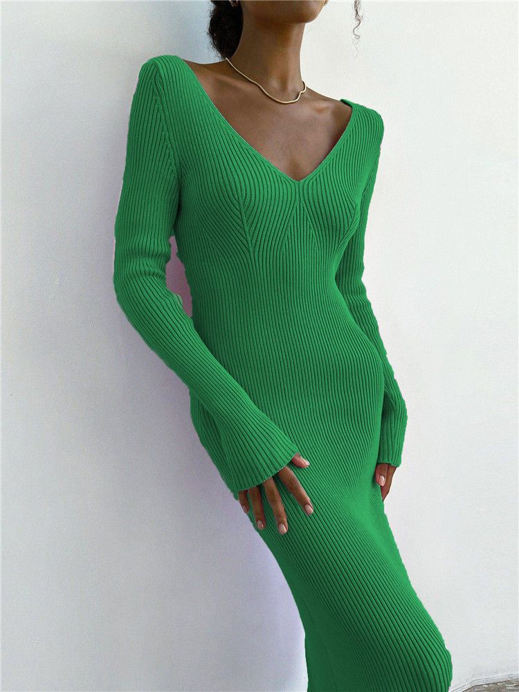 Gonna lunga da donna in maglia a maniche lunghe sexy sottile con scollo a V europeo e americano, autunno e inverno, fondo a coste, alla moda, tutto abbinato_voghion.com