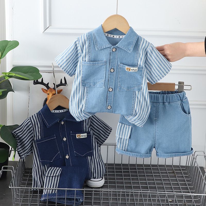 Grenzüberschreitender Außenhandel Kinderkleidung Jungenanzug Sommer Neu Gestreiftes, farblich passendes Jeanshemd Bequemer Anzug mit kurzen Ärmeln und Shorts_voghion.com