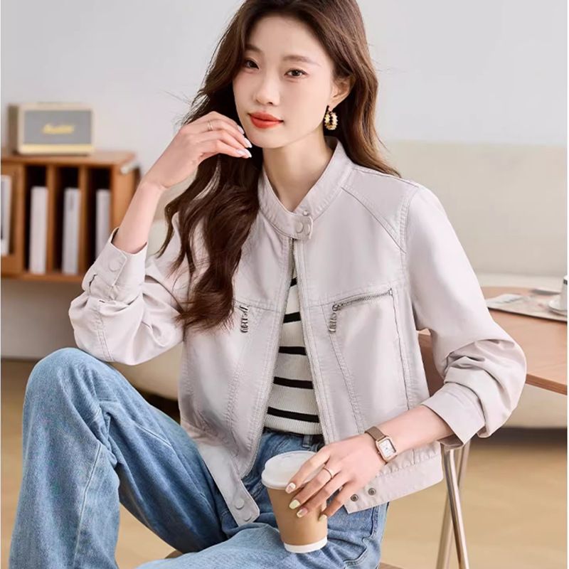 2024 Spring New Women's With Small Stand Collar, Black Trendy Cool Fashionable Short Washed Motorcycle Leather Jacket_voghion.com
