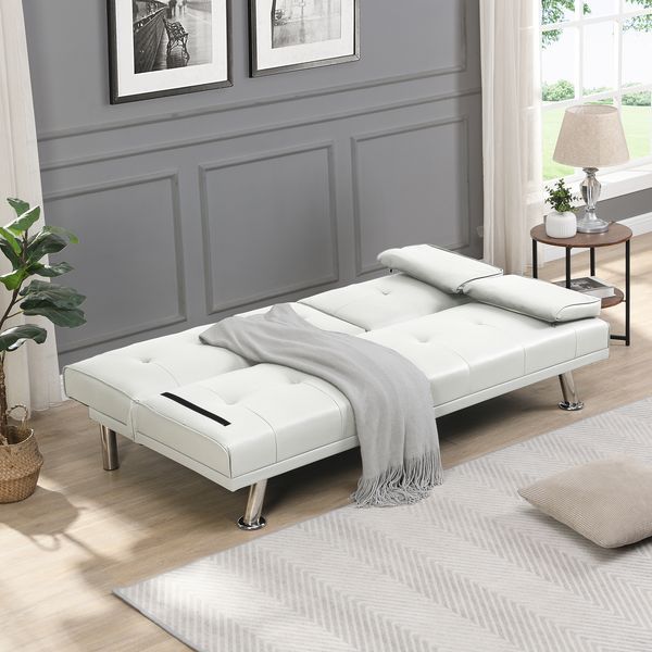 Sofa Bed With Armrest Two Holders WOOD FRAME, STAINLESS LEG, FUTON WHITE PVC_voghion.com