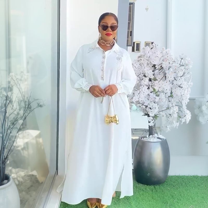 Damen-Freizeitkleid in Übergröße mit Strasssteinen, Umlegekragen, langen Ärmeln und lockerem Schnitt – Preis_voghion.com