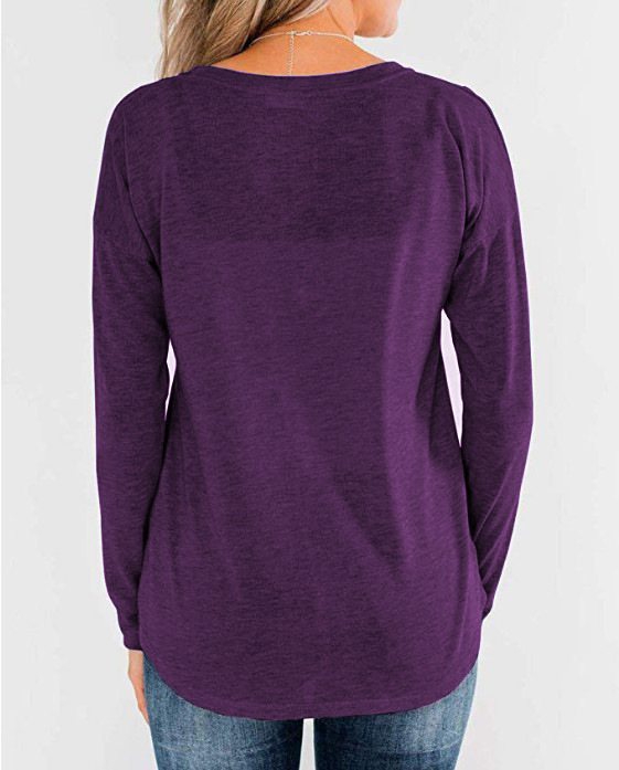 Effen gebreide dames T-shirt met lange mouwen, ronde hals, pullover en knoopsluiting_voghion.com