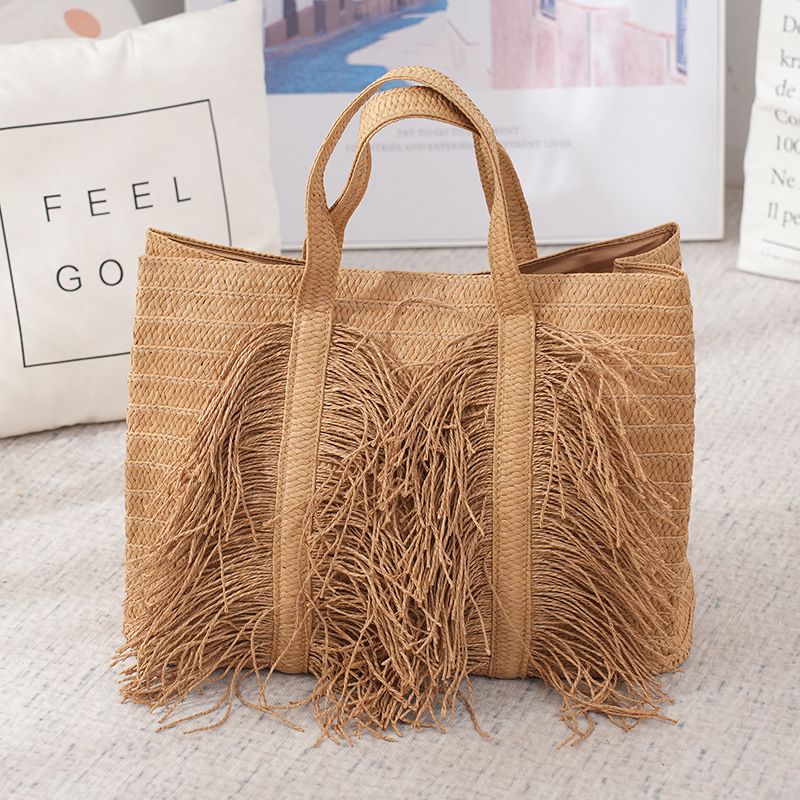 Borsa da donna in paglia media con fibbia magnetica in corda di cotone tinta unita per le vacanze in spiaggia_voghion.com