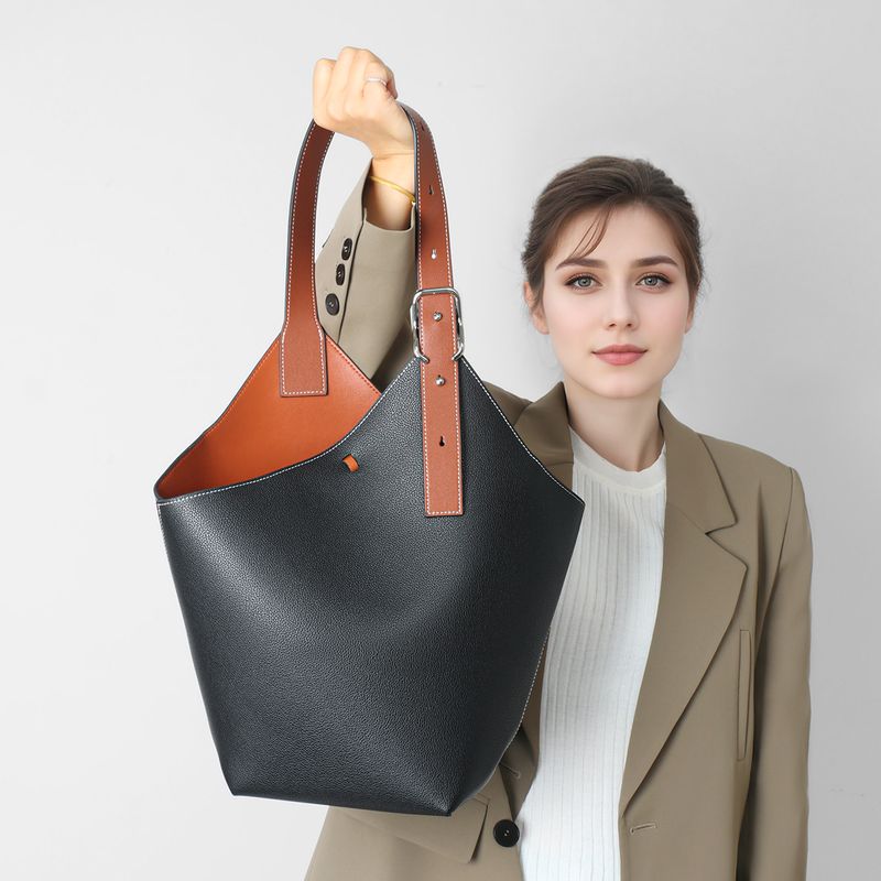 Bolsa de mão grande com design de nicho e bloco de cores Hobo, bolsa tote de couro genuíno para mulheres, de grande capacidade e mais vendida_voghion.com