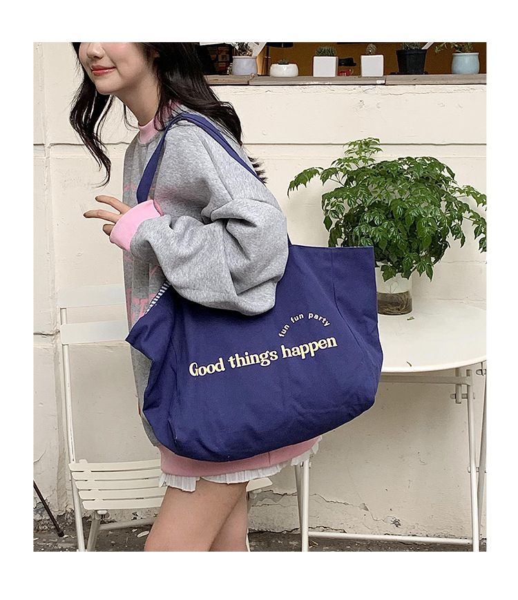 Sac fourre-tout grande capacité, double face, dos rayé, bandoulière texturée, lettre, en toile, pour collège_voghion.com