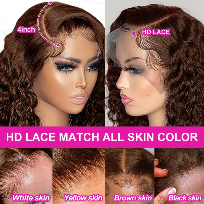 Peluca corta de color castaño oscuro con corte bob, cabello humano de 13 x 4 pulgadas, pelucas frontales con encaje, pelucas cortas de ondas profundas marrones, peluca bob n.° 4, cabello humano 180 % para mujer_voghion.com