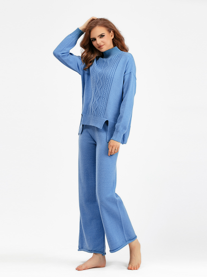 Damenbekleidung, schmaler Strickanzug, Damen, verdickt, lockerer Rollkragenpullover, Hose mit weitem Bein, zweiteilig, trendig_voghion.com