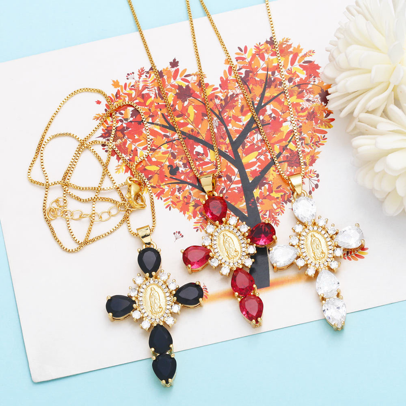 Micro Set Zircon Pendant Creative Personalized Virgin Cross Necklace Female Collar Chain nks01_voghion.com