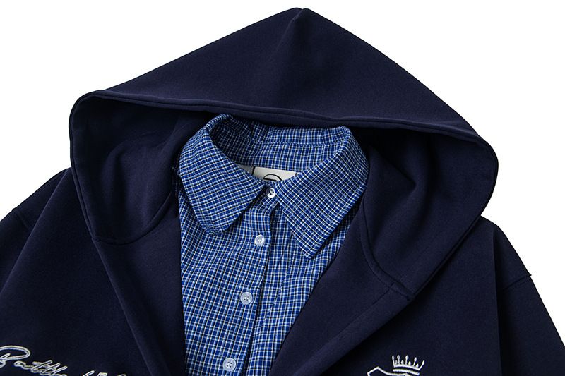 Felpa con cappuccio patchwork a due pezzi con motivo scozzese americano, giacca unisex in stile New College autunnale 2025_voghion.com