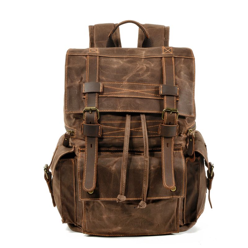 LazyZoom Wasserdichter Rucksack aus Ölwachs-Canvas für Damen und Herren, Reise-Laptoptasche, lässige Wandertasche aus echtem Leder für den Außenbereich_voghion.com