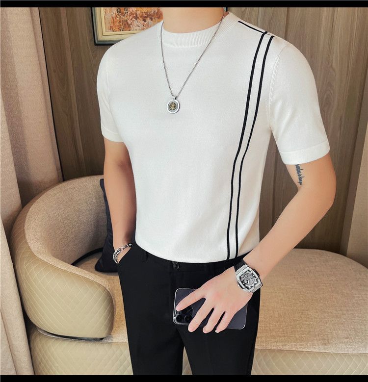Summer New Products Men's Thick Short Sleeve T-Shirt Threaded Neckline Short Sleeve Knitted Sweater Slim Fit Elastic Bottom Sweater Undershirt_voghion.com
