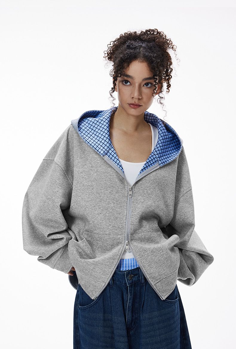 Abbigliamento da uomo Jie Zhan | Giacca bicolore a quadri squadrati 25 Autunno Nuovo Felpa con cappuccio casual corta da coppia_voghion.com