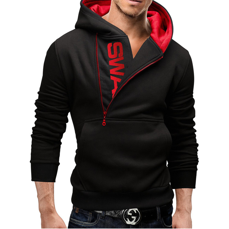 Pull en molleton à capuche pour hommes, fermeture éclair latérale, couleur contrastée_voghion.com