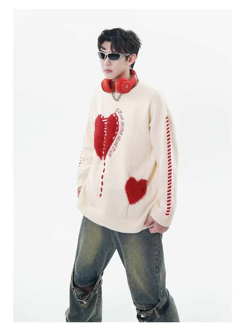 Men's Clothing Street fashion brand love embroidery design loose round neck knitted men and women couple sweater_voghion.com