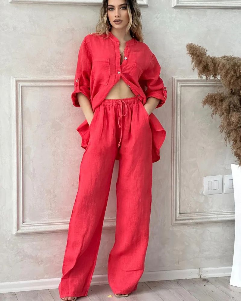 Dammekleeder Summer Neit Dammeset Grouss Gréisst Kotteng a Léngen Hemdset Héichtaille Loose Hosen_voghion.com