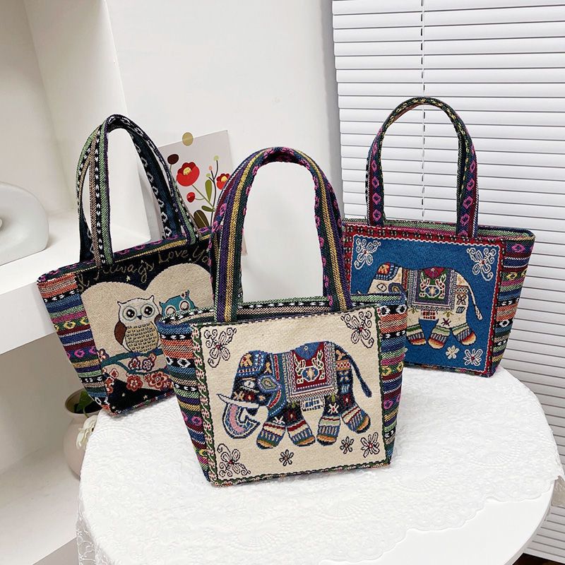 Borsa tote in tela ricamata per donna, borsa a mano in stile etnico, borsa per il pranzo casual da mamma, piccola borsa in tessuto_voghion.com