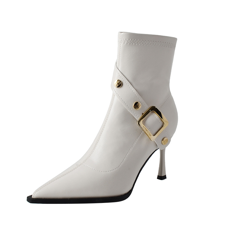 Geeignet für alle Jahreszeiten 8288-7 Modische High Heels Stilettos Kurz für Frauen Spitzschuh Seitlicher Reißverschluss Gürtelschnalle Nieten Persönlichkeit Einzelstiefel_voghion.com