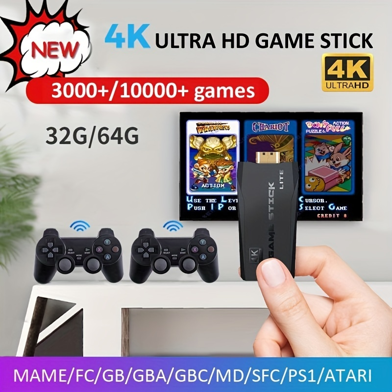 GOGOCAT Mini Retro Game Stick 4K HD 2.4G Sem Fio 10000 Jogos 64GB Gamepads Clássicos para Jogos TV Controlador Familiar para PS1/GBA/MD_voghion.com