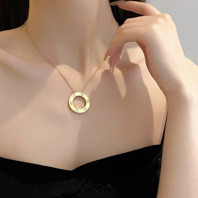 Luxury Round Zircon Pendants Necklace for Women Stainless Steel Rhinestone Circle Clavicle Chain Choker Jewelry Gift _voghion.com