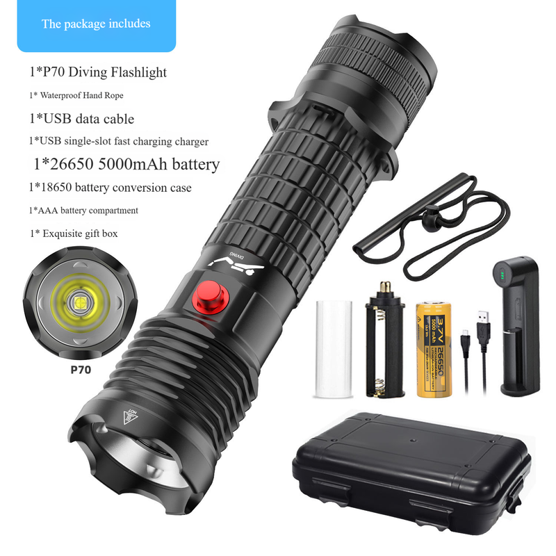 P70 suure võimsusega sukeldumistaskulamp - IPX8 veekindel magnetlülitiga veealuseks tööks, snorgeldamiseks ja kalapüügiks (fookuskiir, laetav, 5000 luumenit)_voghion.com