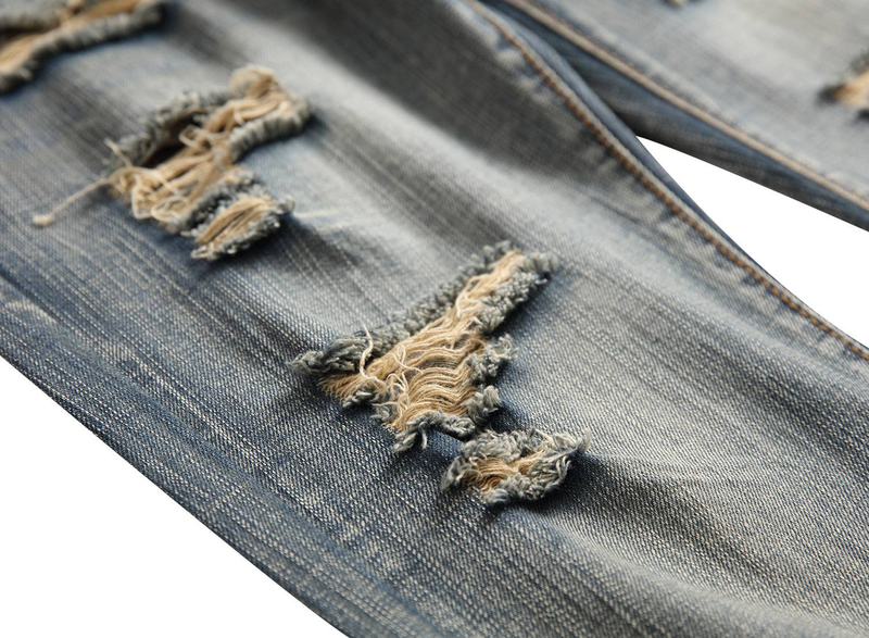 Jeans strappati da uomo, gamba dritta, vestibilità slim, pantaloni in denim non elasticizzati strappati da uomo LY010_voghion.com